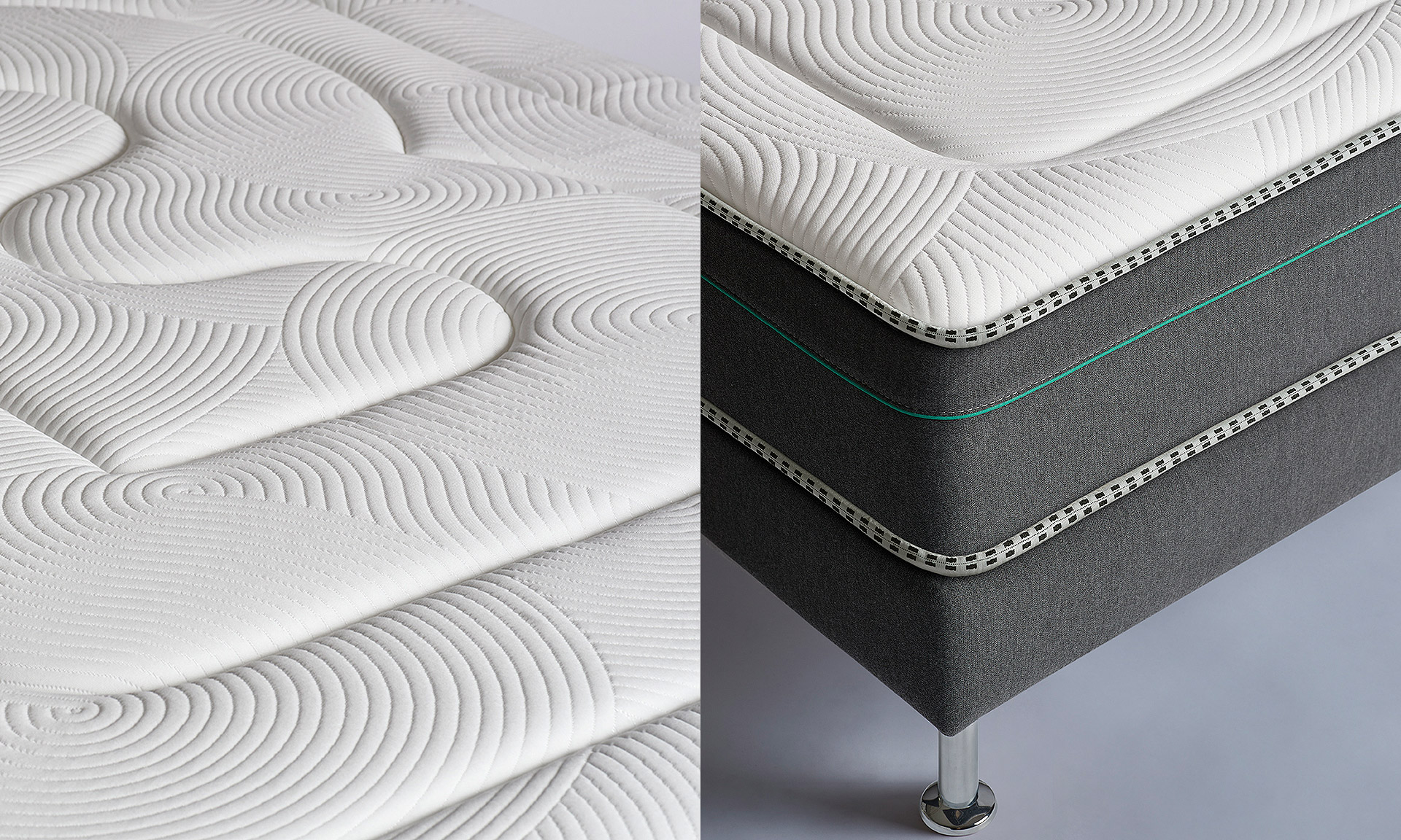 Un matelas avec Matelas mousse alvéolaire avec 5 zones de confort. Avec un sommier en tissu gris.